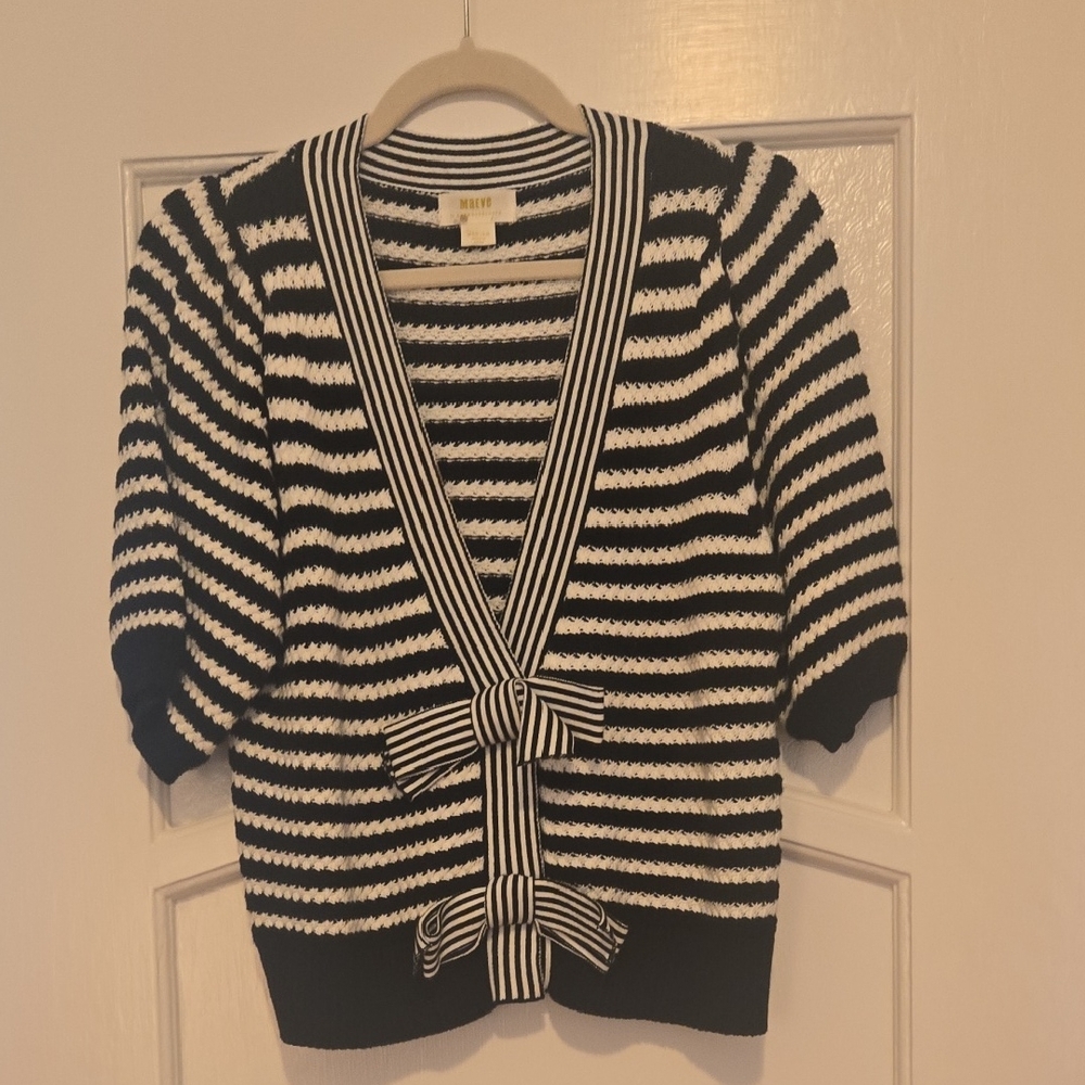 Milly Black and White Striped Cardigan with Bow